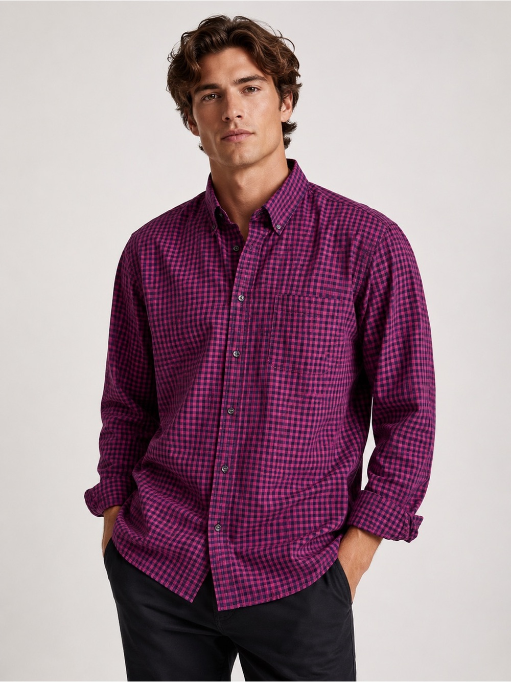 Take 50% OFF- Bespoke Men's Button-Down Plaid Shirt in Magenta, Size-XL